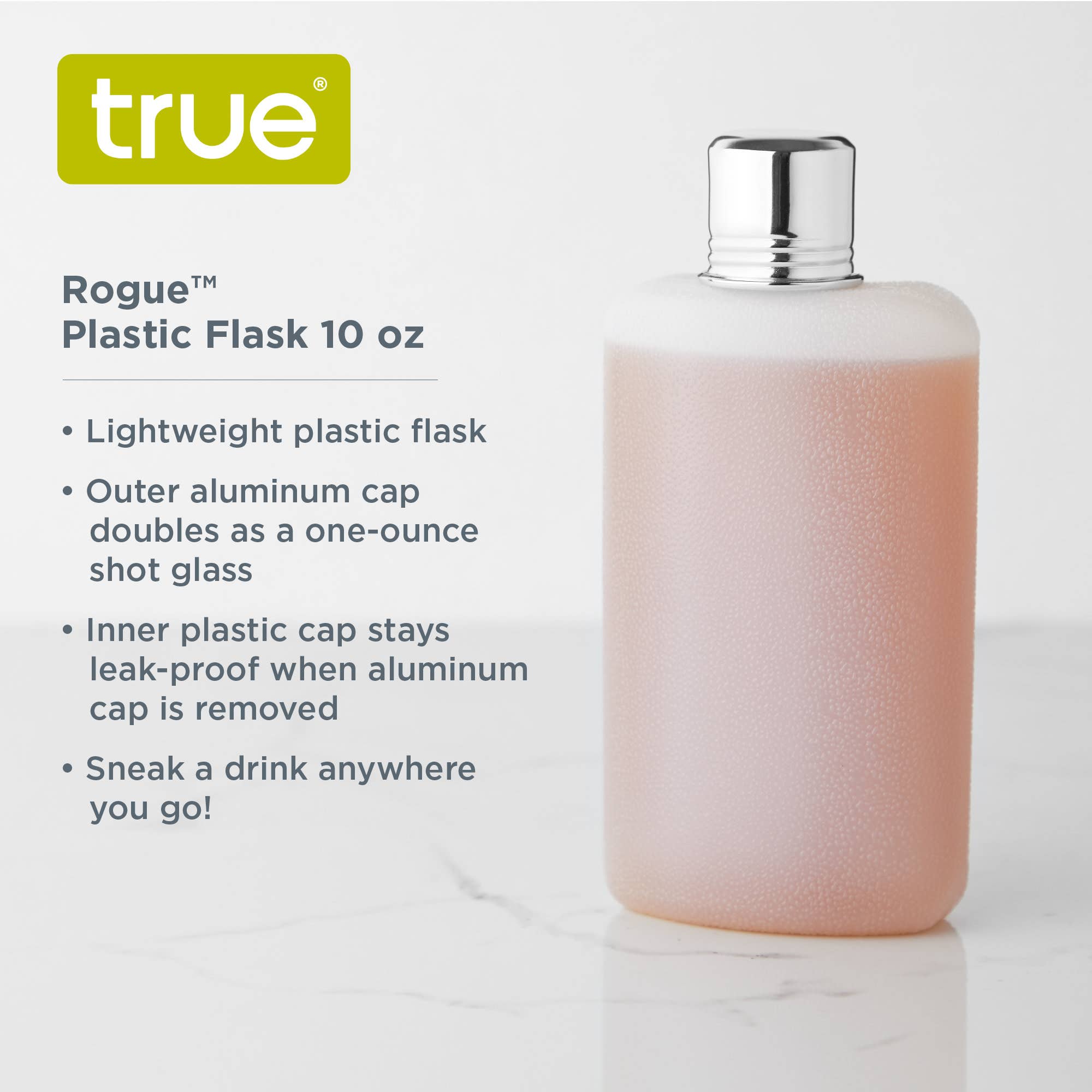 Rogue Plastic Flask w Shot Glass Lid ASST COLORS and SIZES