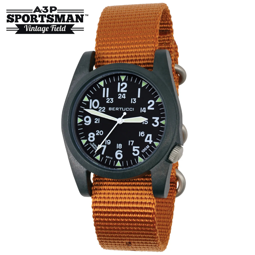 BERTUCCI A-3P SPORTSMAN - BLACK DIAL / BLACK CASE W/ CICADA ORANGE NYLON BAND