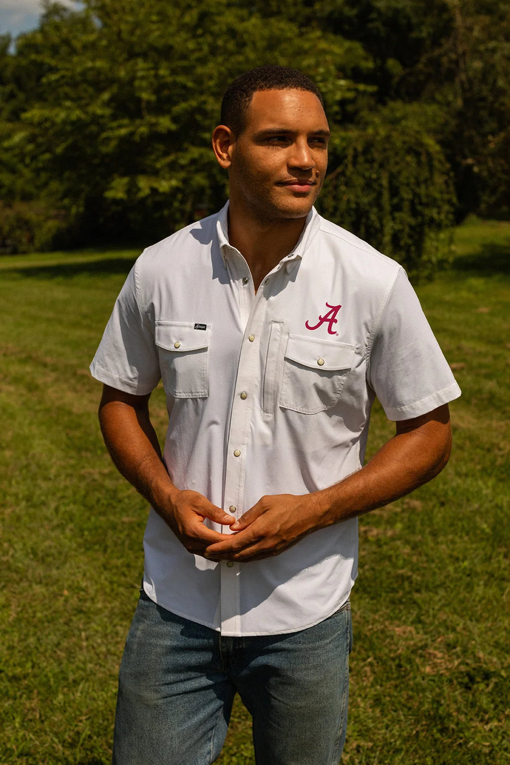 Alabama Tailgater Pearl Snap Button Down Short Sleeve Shirt in White
