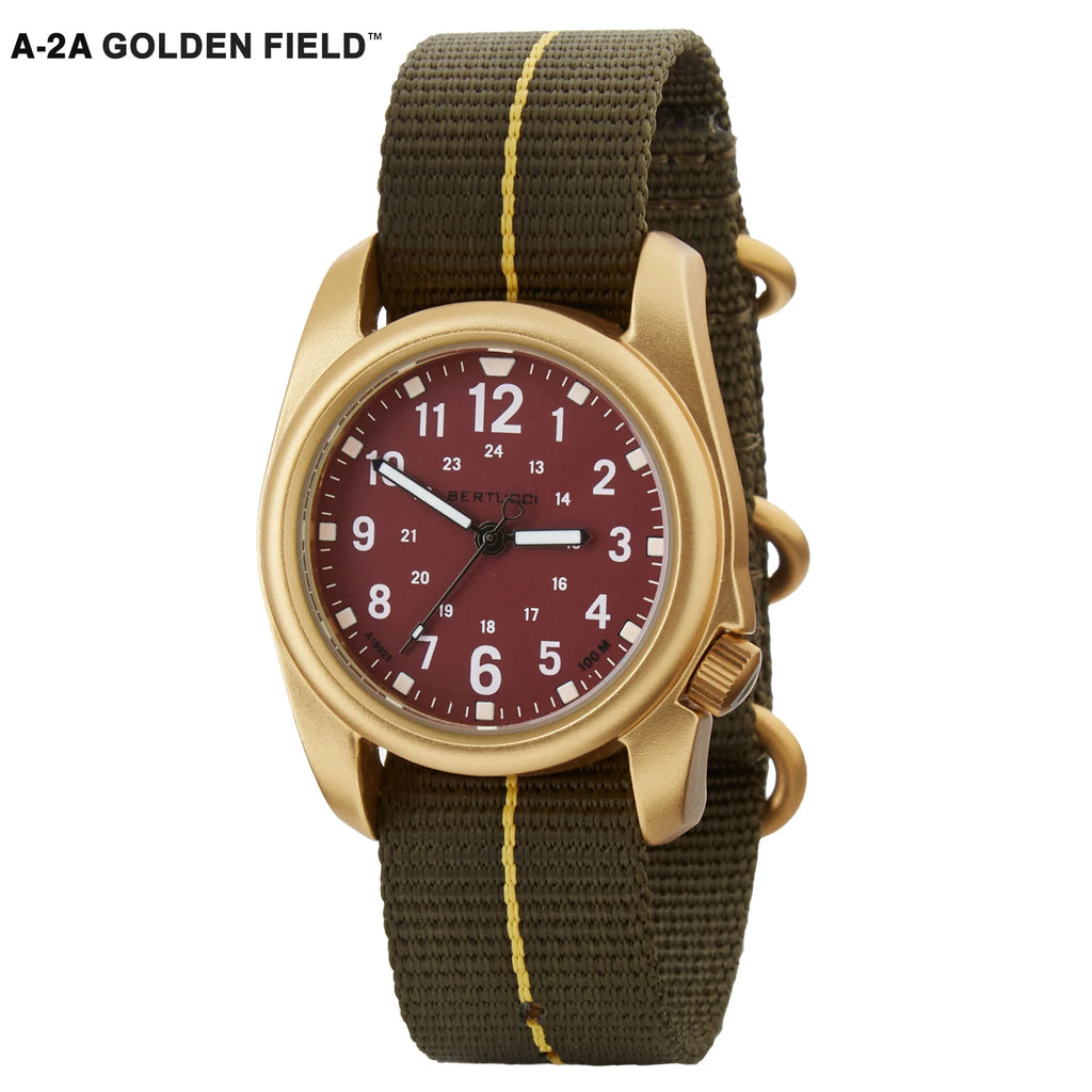 BERTUCCI A-2A GOLDEN FIELD - LEGION RED DIAL, DEFENDER OLIVE™ W/ GOLD PRO-LINE™ NYLON BAND