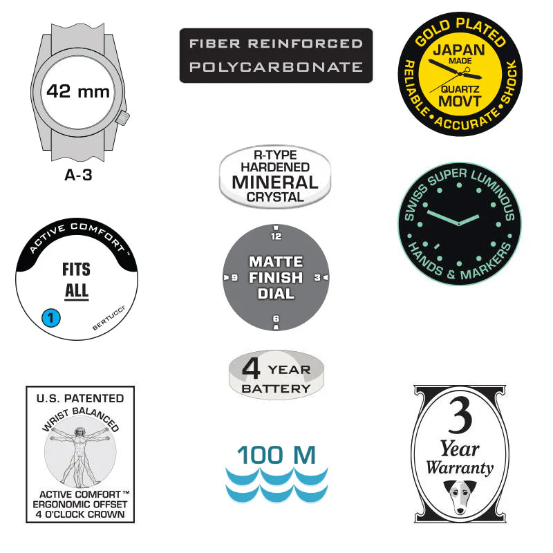 BERTUCCI A-3P SPORTSMAN - BLACK DIAL / BLACK CASE W/ CICADA ORANGE NYLON BAND