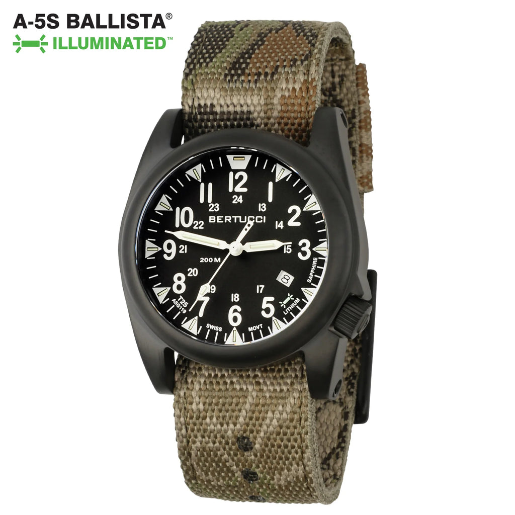 BERTUCCI A-5S BALLISTA ILLUMINATED, BLACK DIAL W/ KRYPTEK HIGHLANDER™ PANTERA™ CAMO WEBBING BAND