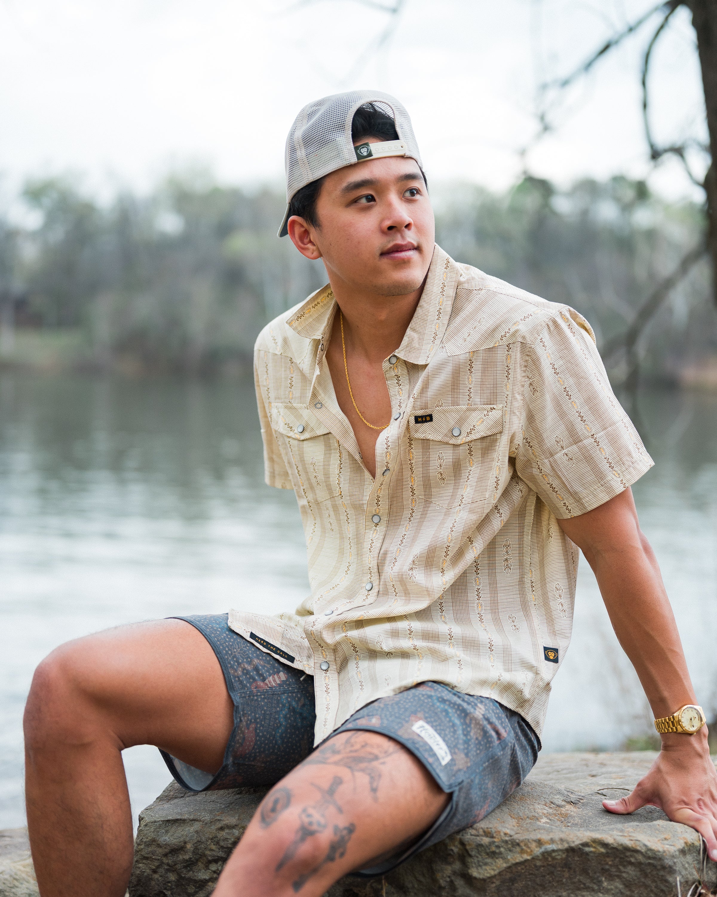 The Wyatt Pearl Snap Short Sleeve Print Shirt - Dustbloom Antique White