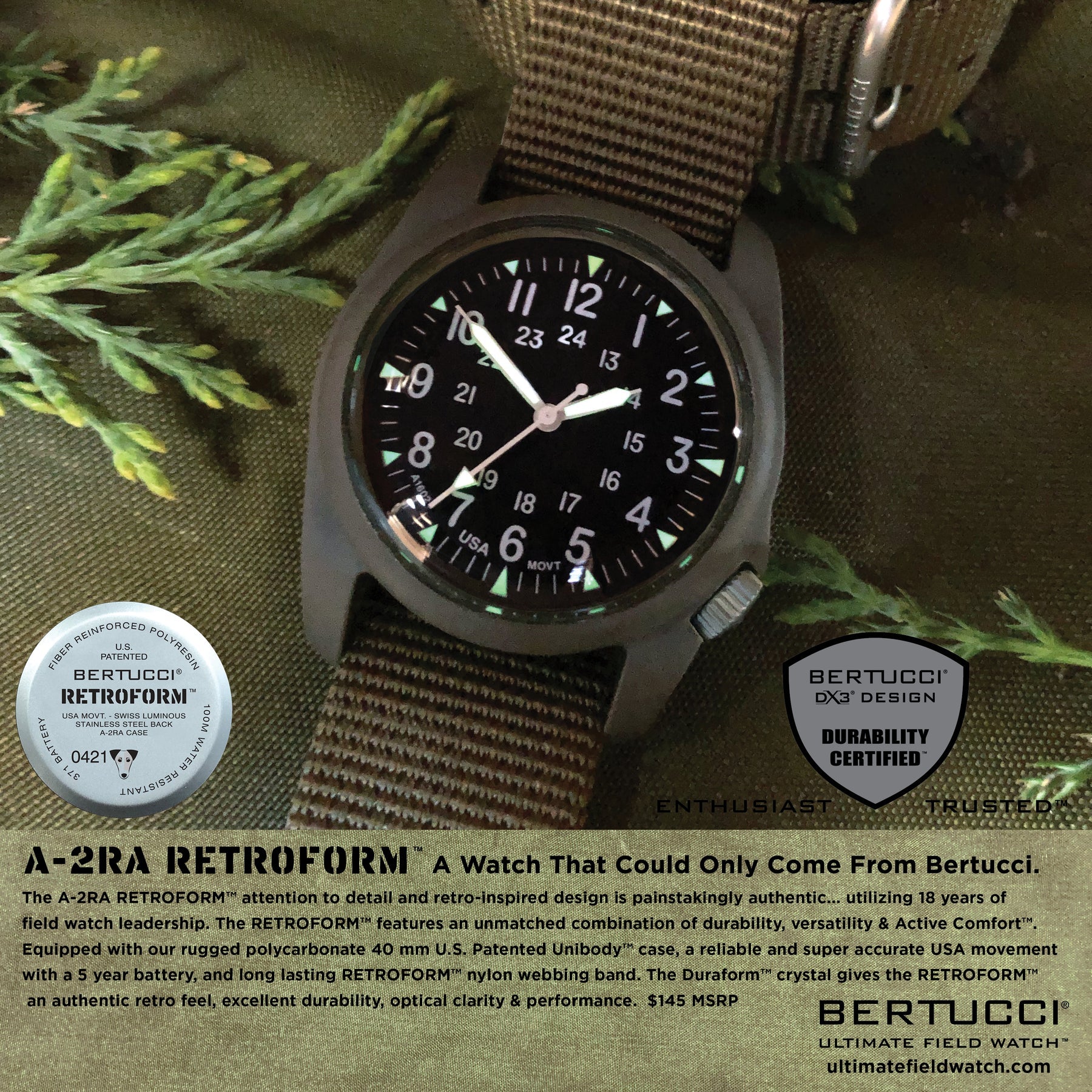 BERTUCCI A-2RA RETROFORM™ - BLACK DIAL, RETROFORM™ GHOST GRAY NYLON BAND