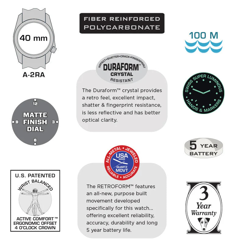 BERTUCCI A-2RA RETROFORM™ - BLACK DIAL, RETROFORM™ GHOST GRAY NYLON BAND