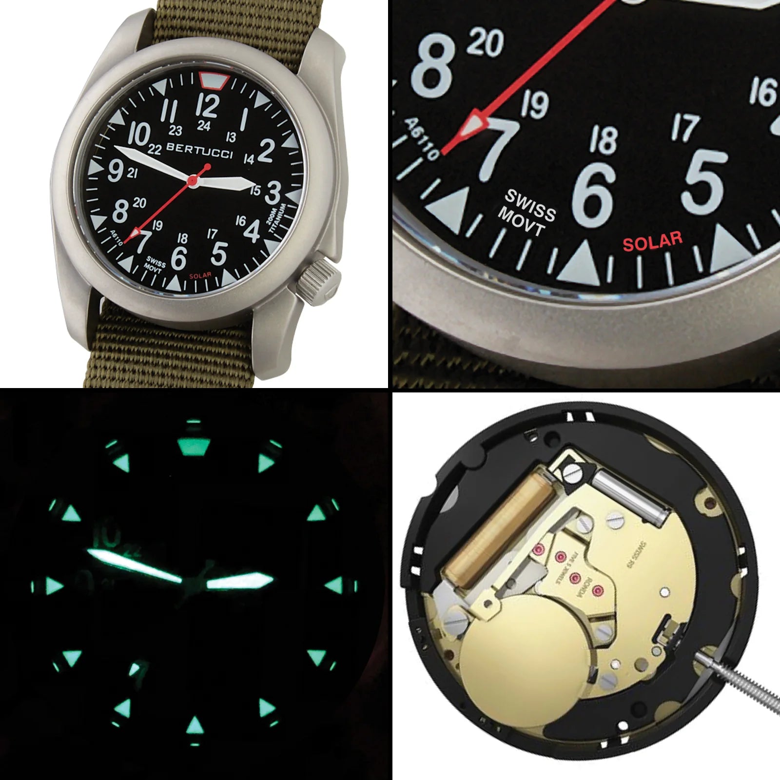 BERTUCCI A-4TS SUPER YANKEE™ SOLAR - BLACK DIAL, DEFENDER OLIVE™ NYLON BAND