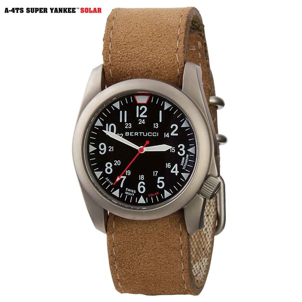 BERTUCCI A-4TS SUPER YANKEE™ SOLAR - BLACK DIAL, DESERT ROUGH-OUT LEATHER + WEBBING BAND