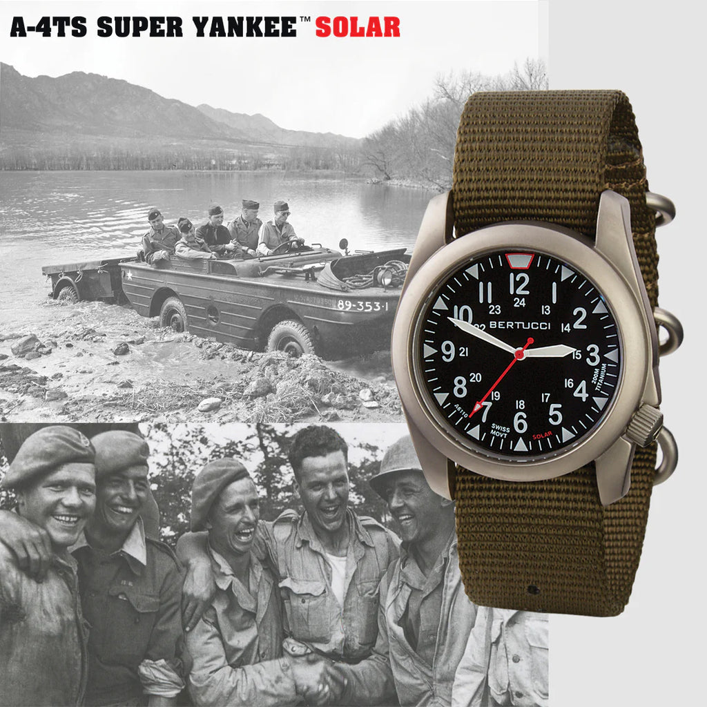 BERTUCCI A-4TS SUPER YANKEE™ SOLAR - BLACK DIAL, DESERT ROUGH-OUT LEATHER + WEBBING BAND