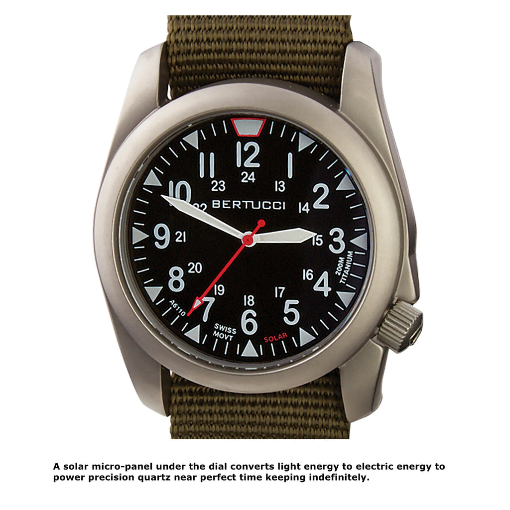 BERTUCCI A-4TS SUPER YANKEE™ SOLAR - BLACK DIAL, DESERT ROUGH-OUT LEATHER + WEBBING BAND