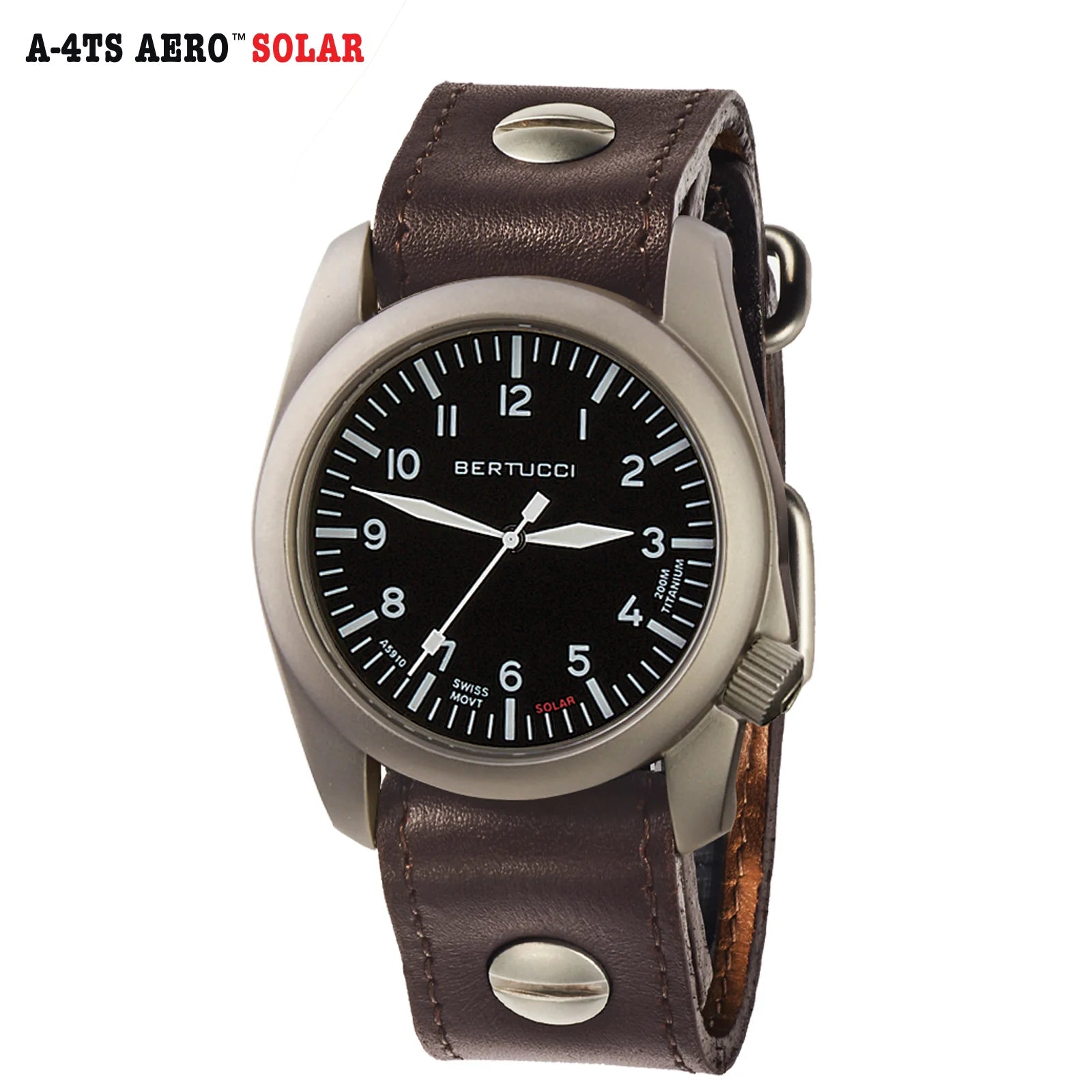 Bertucci A-4TS AERO™ SOLAR - BLACK DIAL, VINTAGE BROWN W/ POST SCREW LEATHER