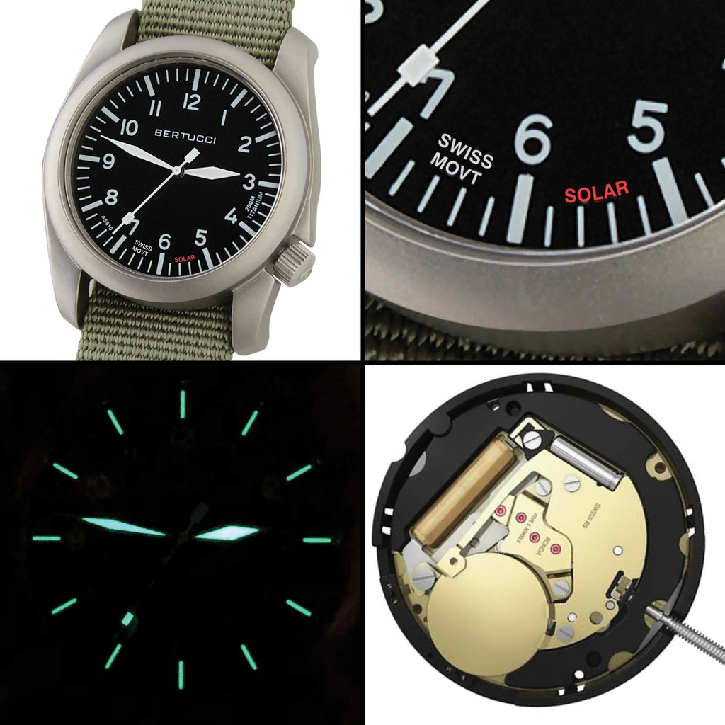 Bertucci A-4TS AERO™ SOLAR - BLACK DIAL, VINTAGE BROWN W/ POST SCREW LEATHER