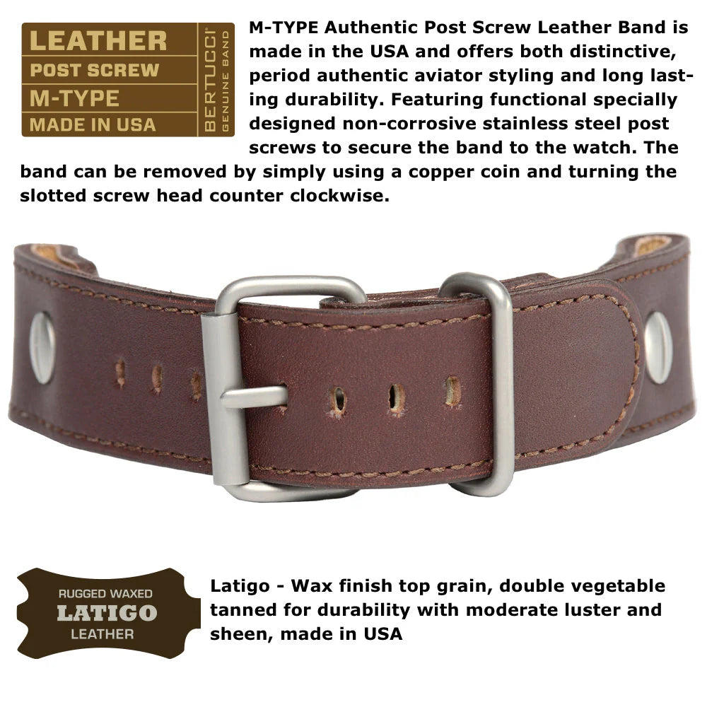 Bertucci A-4TS AERO™ SOLAR - BLACK DIAL, VINTAGE BROWN W/ POST SCREW LEATHER