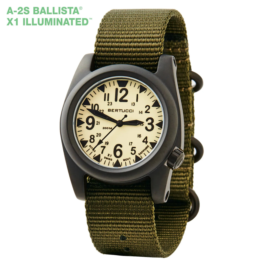 Bertucci A-2S BALLISTA X1 ILLUMINATED, X1 SWISS SUPER LUMINOUS DIAL W/ DEFENDER OLIVE NYLON BAND
