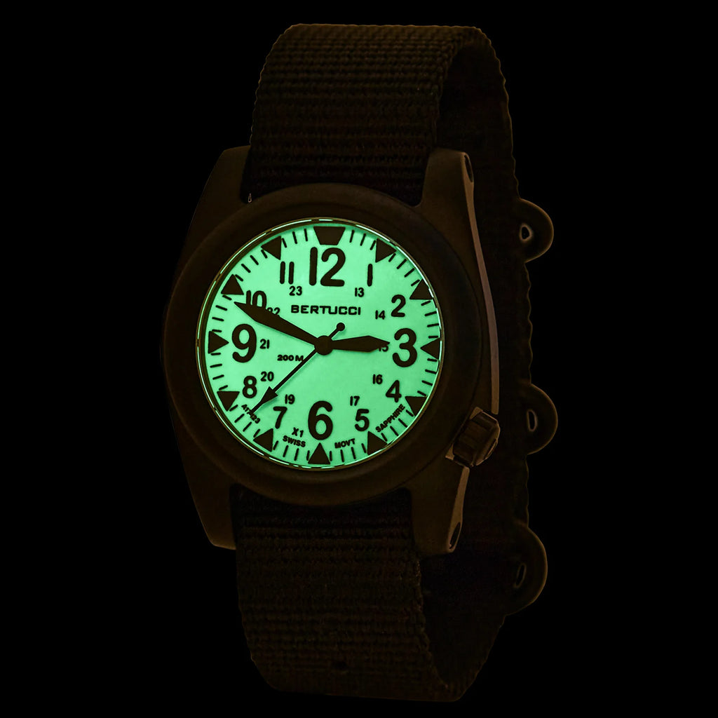 Bertucci A-2S BALLISTA X1 ILLUMINATED, X1 SWISS SUPER LUMINOUS DIAL W/ DEFENDER OLIVE NYLON BAND