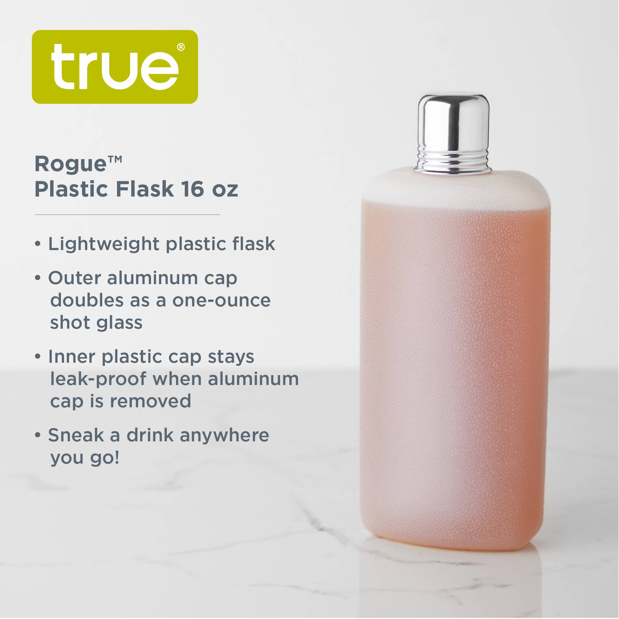 Rogue Plastic Flask w Shot Glass Lid ASST COLORS and SIZES