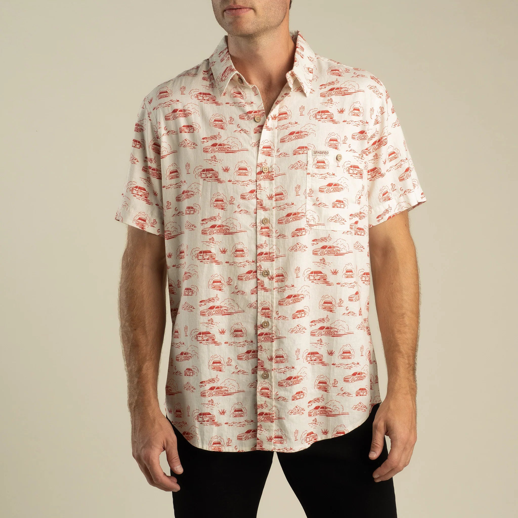 City Slicker Button Up Short Sleeve Shirt - Red Car Toile