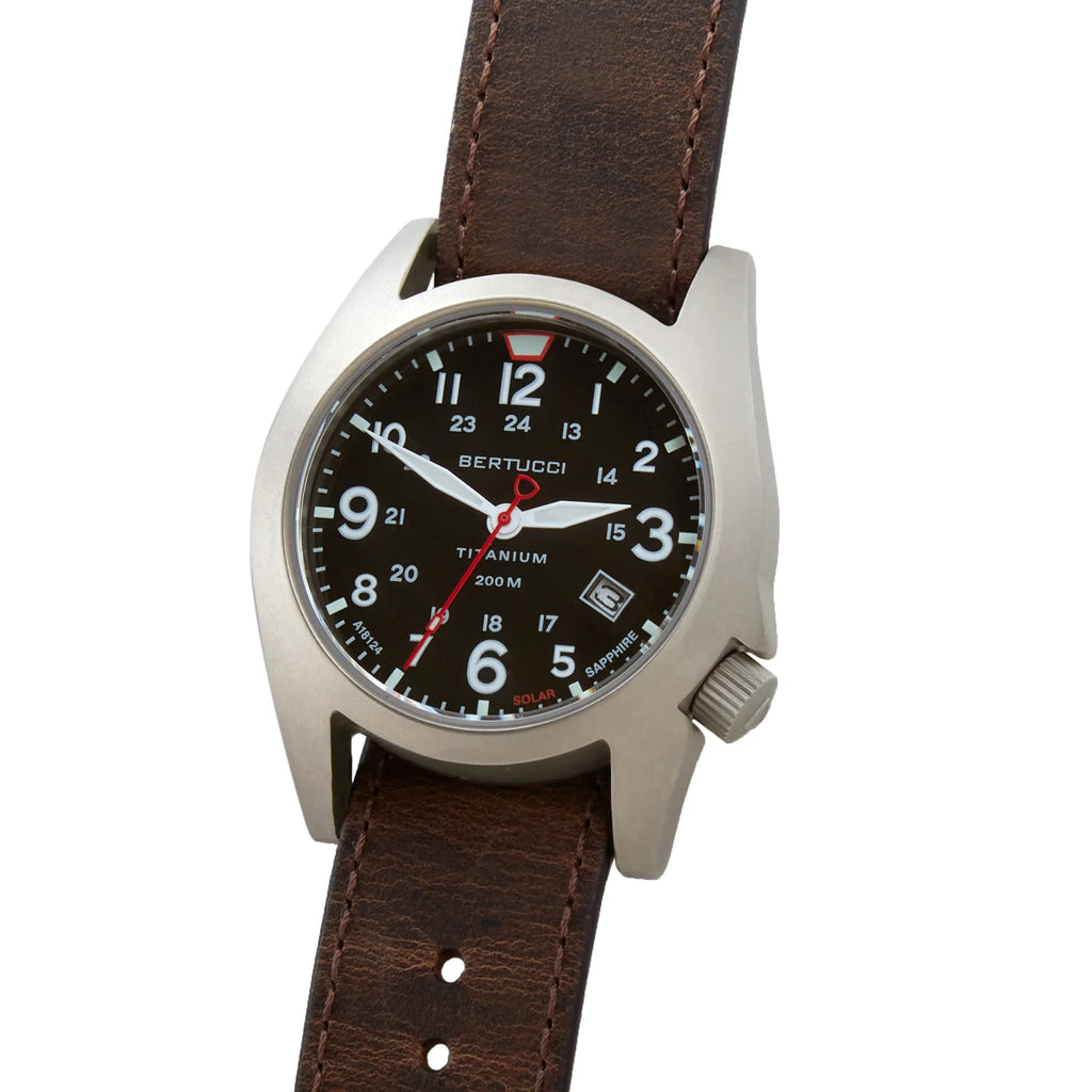 Bertucci A-7TS RETROSPEC™ SOLAR BLACK DIAL, ALPINA BROWN DURAFORM™ LEATHER BAND