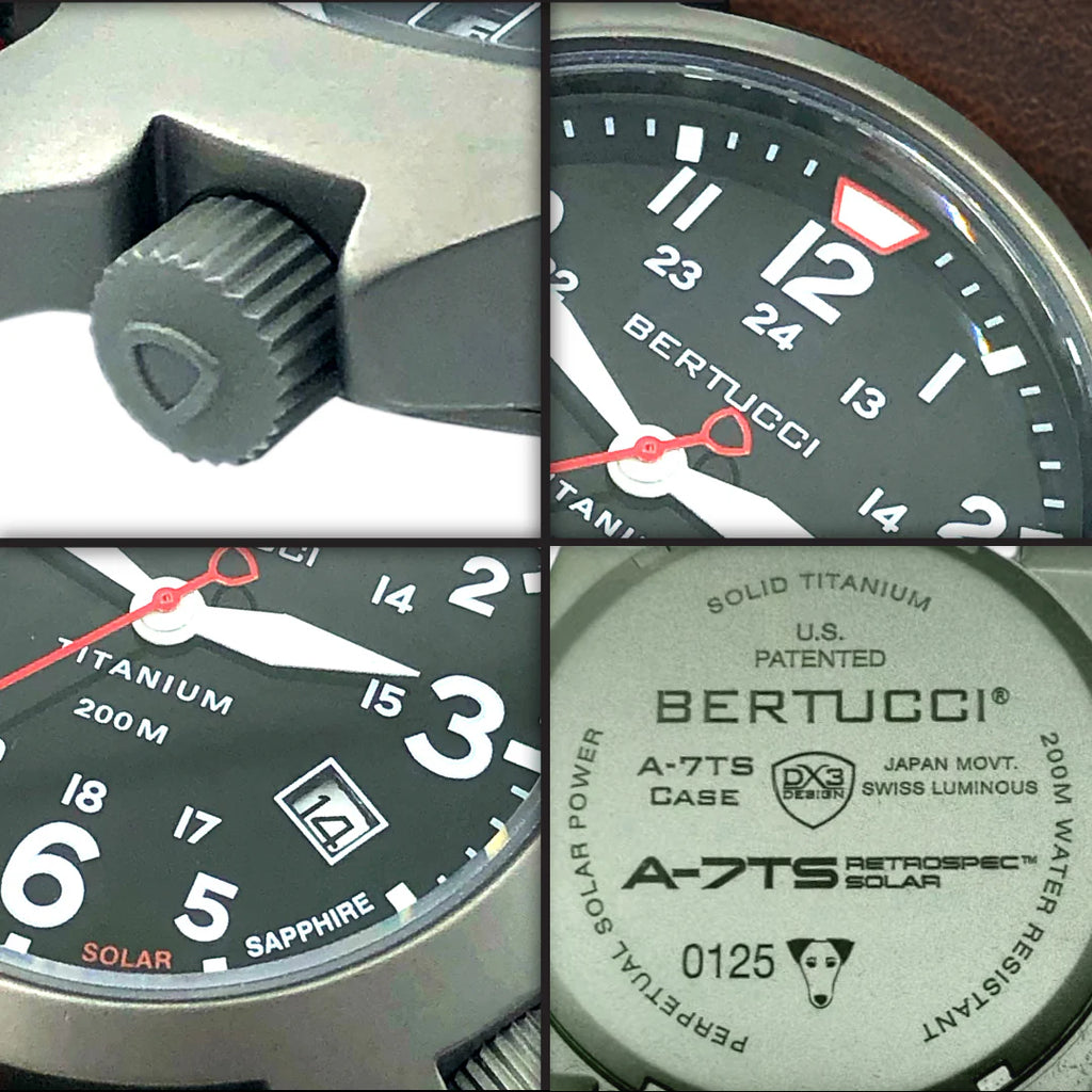 Bertucci A-7TS RETROSPEC™ SOLAR BLACK DIAL, ALPINA BROWN DURAFORM™ LEATHER BAND