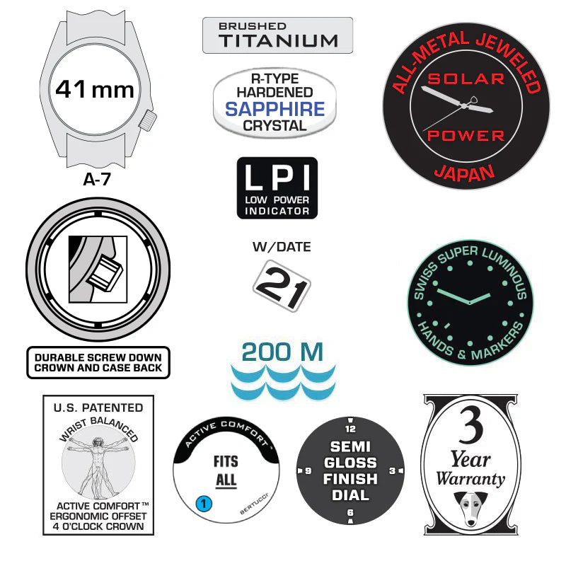 Bertucci A-7TS RETROSPEC™ SOLAR BLACK DIAL, ALPINA BROWN DURAFORM™ LEATHER BAND